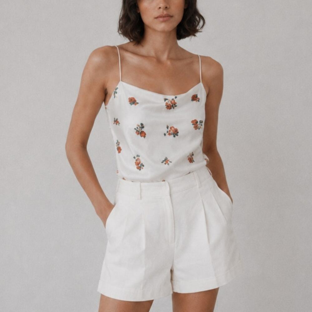 Vince Drapey Silk Cami Womens L White Floral Sleeveless Camisole Tank